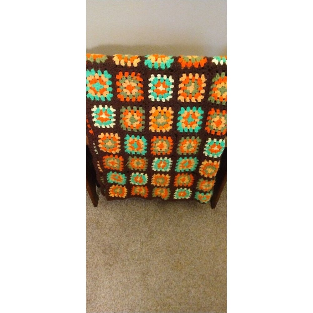 Vintage Afghan Crochet Granny Square brown/orange/green 60x45